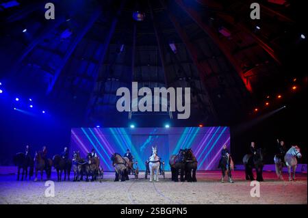 Elise Roméo présente son spectacle « l'équilibre des forces ». Ce numéro de dressage rassemble autour d'Elise Roméo des races françaises de chevaux lourds (Boulonnais, Ardennes, Comtois, Draft Breton, Auxois, projet Poitevin Mulassier, projet Percheron du Nord). Elle vous invite à dépoussiérer des idées préconçues avec notamment son étalon Cob Normand et sa mule « Juju », à l’exposition Park d’Avignon le 26 janvier 2025. Photo de Cyrille Bernard/ABACAPRESS. COM Banque D'Images
