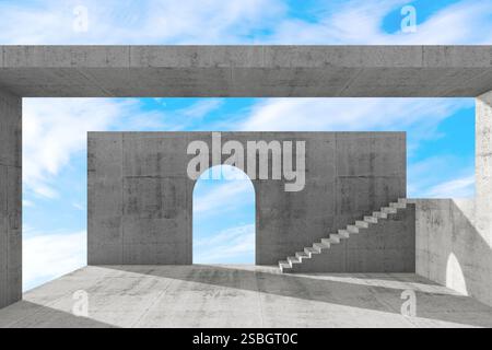 Fond d'architecture abstrait avec des escaliers en béton, des murs et une arche vide sous ciel bleu nuageux, illustration de rendu 3D. Banque D'Images