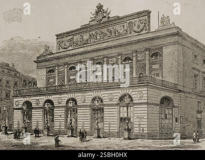 Histoire de l'Espagne. Madrid. Teatro Real (Théâtre Royal). Vue extérieure générale. Sa construction a commencé en 1818, sous le règne de Ferdinand VII il a été officiellement inauguré par la reine Isabelle II le 19 novembre 1850. Gravure. La ilustración. Revista hispano-americana, 1883. Banque D'Images