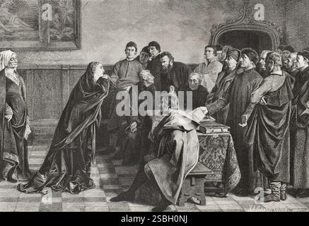 Marie de Bourgogne (1457-1482). Duchesse de Bourgogne. Épouse de Maximilien I. Marie de Bourgogne demandant aux juges de Gand d'accorder la clémence à Guillaume Hugonet et Guy de Brimeu, seigneur de Humbercourt, ses deux principaux conseillers. Tous deux ont été exécutés le 3 avril 1477. Gravure par Brend'amour. La ilustración. Revista hispano-americana, 1884. Banque D'Images