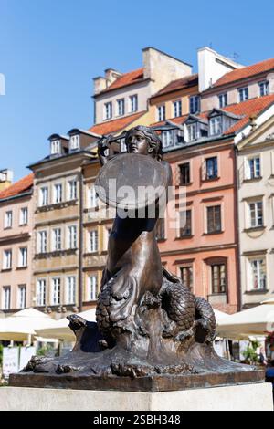 Place du marché de la vieille ville de Varsovie avec statue de la sirène syrenka et bâtiments historiques de la ville à Varsovie, Pologne Banque D'Images