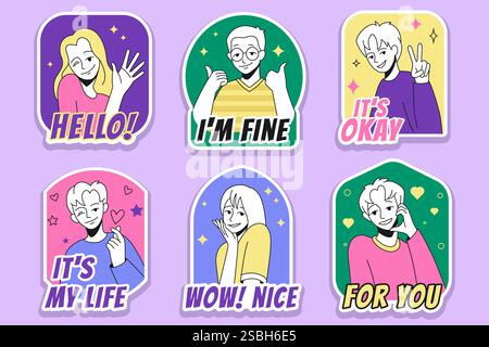 Autocollant de gens. Mignon badge dessiné à la main. Portraits de dessins animés avec de bonnes phrases. Gestes OK drôles. Homme positif. Heureuse femme branchée. Aimez les cœurs. Bonjour le Illustration de Vecteur