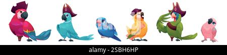 Personnages de perroquet. Oiseau heureux en chapeau de marin. Capitaine pirate de l'océan. Mascotte animale avec télescope amusant. Mignonne perruche de mer. Drôle d'aras. Oiseau tropical. Illustration de Vecteur