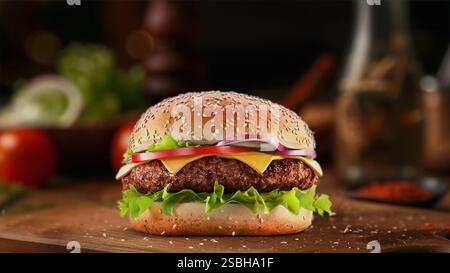 Hamburger de bœuf avec maquette de fromage sur fond de cuisine, rendu 3D. Videz le hamburger classique ou le hamburger croustillant dans la maquette du restaurant. Restauration rapide transparente avec Banque D'Images