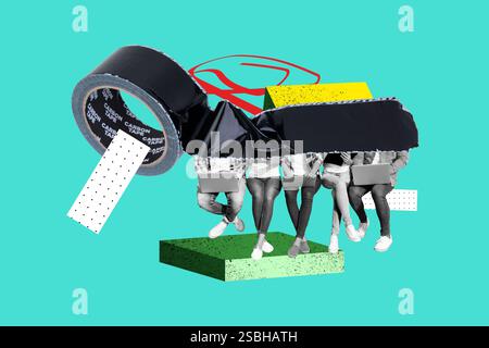 Modèle de tendance croquis de conception de photo 3D collage de l'outil de bande de scotch les collègues de coworking de l'équipe de coworking s'assoient la main anonyme de la ressource humaine d'ordinateur portable Banque D'Images