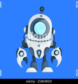 Illustration futuriste de robot de dessin animé avec des mains en forme de griffe, un écran facial circulaire et une antenne, sur fond bleu. Illustration de Vecteur