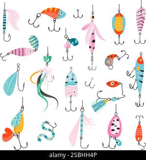 Ensemble d'appâts pour la pêche. Différents leurres pour le processus de pêche. L'équipement isolé pour le passe-temps saisonnier, la capture de poissons dans des outils d'étang ou de rivière, s'attaque de nos jours Illustration de Vecteur