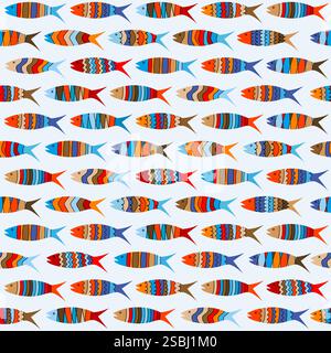 Modèle sans couture avec des rangées de poissons colorés Illustration de Vecteur
