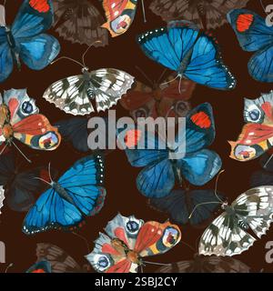 Papillons de couleurs vives, papillons paon, nymphalides, morpho tous les objets sont peints à la main à l'aquarelle. Motif aquarelle sans couture. Pour Banque D'Images