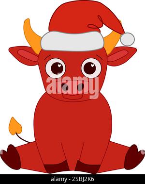 Taureau de dessin animé mignon dans un chapeau de Père Noël. Illustration vectorielle de composition de ligne graphique de l'animal isolé sur blanc. Illustration de Vecteur