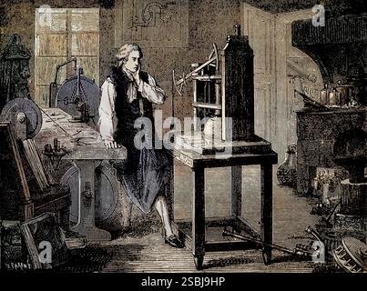 James Watt (30 janvier 1736 - 25 août 1819) était un inventeur écossais et ingénieur mécanique dont les améliorations à la machine à vapeur Newcomen ont été fondamentales pour les changements apportés par la révolution industrielle. Certaines de ses inventions comprennent le moteur à double effet où le piston pousse et tire (1782), le régulateur centrifuge (1788) et le manomètre (1790). Il a développé le concept de puissance et l'unité de puissance si, le watt, a été nommé d'après lui. Portrait de héros et martyrs de l'invention par Georhe M. Towle, 1890. Banque D'Images