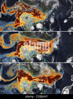 Des feux de forêt historiques sur la côte ouest des États-Unis ont fait naître des panaches de fumée dans l'atmosphère. Poussés par les vents dominants qui balaient l'air d'ouest en est, les satellites ont suivi la fumée alors qu'elle se propageait largement sur une grande partie du continent américain. Un deuxième danger, les cyclones tropicaux Sally et Paullette, ont également aidé à diriger les panaches de fumée à vol élevé alors qu'ils se répandaient au-dessus du Midwest et du Nord-est entre le 14 et le 16 septembre 2020. Banque D'Images