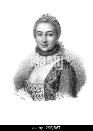Lithographie de Gabrielle Emilie de Breteuil, marquise du Châtelet. Emilie du Châtelet (1706-1749) est une philosophe naturelle et mathématicienne française connue pour sa traduction et ses commentaires sur le livre d'Isaac Newton sur les lois de la physique, Philosophiae Naturalis Principia Mathematica (1687). Son commentaire comprend une contribution à la mécanique newtonienne. Gravure anonyme, v. 1818-1842. Banque D'Images