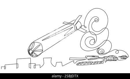 Une fusée volante sur fond de chars et la ville en une ligne sur un fond blanc. Illustration de Vecteur