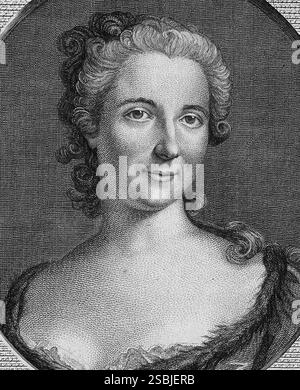 Gravure de Gabrielle Emilie de Breteuil, marquise du Châtelet, par Louis-Simon Lempereur (graveur) et Charles/nMonnet (artiste), v. 1771-2. Emilie du Châtelet (1706-1749) est une philosophe naturelle et mathématicienne française connue pour sa traduction et ses commentaires sur le livre d'Isaac Newton sur les lois de la physique, Philosophiae Naturalis Principia Mathematica (1687). Son commentaire comprend une contribution à la mécanique newtonienne. Banque D'Images