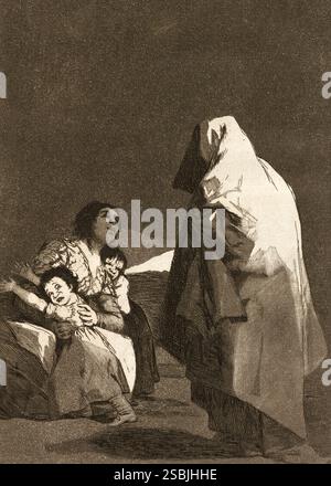 Francisco de Goya (1746-1828), planche 26 de la série Los Caprichos : Here Comes the Bogey-Man (que viene el coco), publiée en 1799. Gravure et aquatinte brunie. Cette scène d'une mère regardant une figure enveloppée tandis que ses deux enfants terrifiés s'accrochent à elle a été interprétée comme la critique de Goya‚Äôs d'un système éducatif répressif basé sur la peur des êtres surnaturels. Banque D'Images