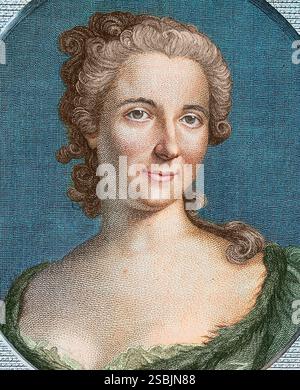 Gravure de Gabrielle Emilie de Breteuil, marquise du Châtelet, par Louis-Simon Lempereur (graveur) et Charles/nMonnet (artiste), v. 1771-2. Emilie du Châtelet (1706-1749) est une philosophe naturelle et mathématicienne française connue pour sa traduction et ses commentaires sur le livre d'Isaac Newton sur les lois de la physique, Philosophiae Naturalis Principia Mathematica (1687). Son commentaire comprend une contribution à la mécanique newtonienne. Colorisé. Banque D'Images