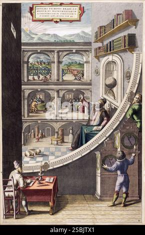 L'astronome danois Tycho Brahe (1546-1601) et son quadrant mural à Uraniborg, Suède. Le quadrant était en laiton et fixé à un mur orienté précisément nord-sud. Brahe (à droite, pointant) voit une étoile à travers l'ouverture opposée (en haut à gauche) pour déterminer l'altitude de l'étoile lorsqu'elle traverse le méridien. Un assistant (en bas à droite) lit le temps hors horloge et un autre (en bas à gauche) enregistre les mesures. La zone au-dessus du quadrant est remplie d'une peinture murale montrant plusieurs autres instruments de Brahe. Publié par Blaeu, vers 1660s. Banque D'Images