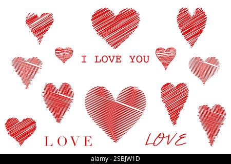collection heart set dessiné à la main marqueurs de gribouillage coeurs isolés sur fond blanc. Je t'aime texte icônes de logo d'illustration vectorielle rouge pour l'impression Illustration de Vecteur