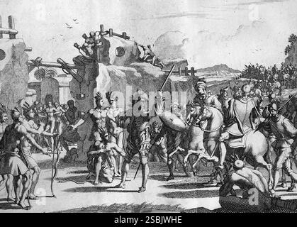 Gravure illustrant la marche de Ferdinand (Hernando) de Soto dans un village séminole en Floride. Gravure de 1731, d'après Garcilaso de la Vega (1539-1616). Banque D'Images