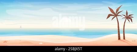 Plage tropicale au coucher du soleil. Illustration vectorielle stock dans le style de dessin animé. Illustration de Vecteur