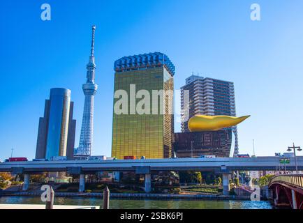 Sumida River à Asakusa, Tokyo, Japon avec Tokyo Skytree et le Super Dry Hall du siège social du groupe Asahi avec la flamme d'or. Banque D'Images