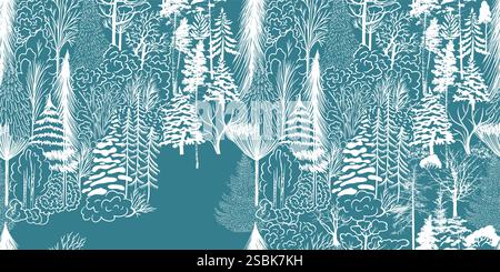 Noël. Fond d'hiver. Fond de forêt d'hiver. Pin, épicéa, arbre de noël. Vues panoramiques à motif sans couture des arbres graphiques enneigés. dessin à la main Illustration de Vecteur