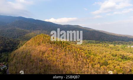 Capturez une vue aérienne d'une forêt d'automne dynamique à Chiang mai Thaïlande couvrant une chaîne de montagnes, mettant en valeur un ciel partiellement nuageux au-dessus de vous. Banque D'Images