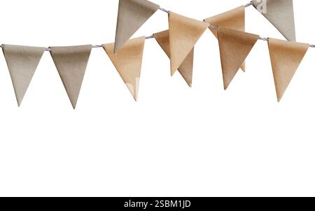 Drapeaux de vacances triangulaires avec corde grise torsadée dans la bordure sans couture comme modèle prêt de décorations d'événement comme guirlandes dans des couleurs pastel terreuses d'automne Banque D'Images