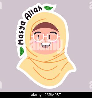 Masya Allah muslimah femme fille femelle portant hijab et lunettes Islam religion personnage heureux reconnaissant joyeux expression faciale texte emoji autocollant Illustration de Vecteur