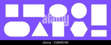 Jeu de timbres-poste blancs. Affranchir les cadres ou les bordures. Modèle rectangle, cercle ou carré pour courrier, carte postale, lettre, note. Formes à bords ondulés dentelés. Vecteur zig zag objets pour badge, autocollant, photo Illustration de Vecteur