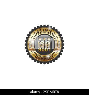Certifié ISO 9001. Badge d'or vectoriel. ISO 9001 Médaille d'or avec vecteur ruban rouge. Seal Award Gold. Systèmes de gestion de la qualité. Illustration de Vecteur