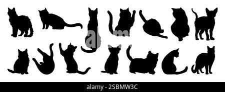 Ensemble de silhouettes de chat noir dans diverses poses. Illustration de Vecteur