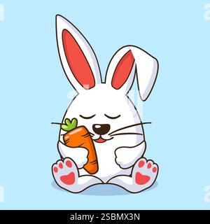 Mignon lapin tenant carotte. Icône animal. Style dessin animé plat. Lapin de Pâques en forme d'oeuf. Dessin animé pour carte de voeux, autocollants ou calendrier Illustration de Vecteur