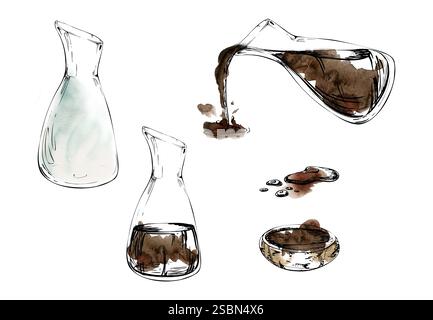 Pot en verre transparent pot bouteille vide, avec café à la sauce teriyaki soja, bol en céramique. Ensemble d'éléments dessinés à la main à l'aquarelle et à l'encre pour mariage Banque D'Images