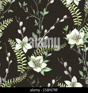 Motif aquarelle sans couture avec des branches de printemps, des feuilles, des fougères, des saules et des fleurs d'hellebore Banque D'Images