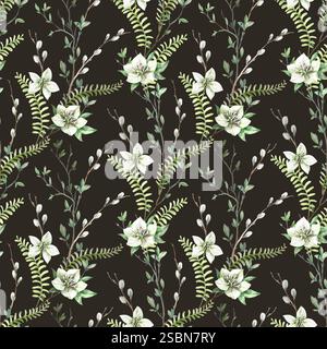Motif aquarelle sans couture avec des branches de printemps, des feuilles, des fougères, des saules et des fleurs d'hellebore Banque D'Images