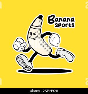 Mascotte de banane de dessin animé vintage, courant et souriant, modèle de logo rétro Illustration de Vecteur