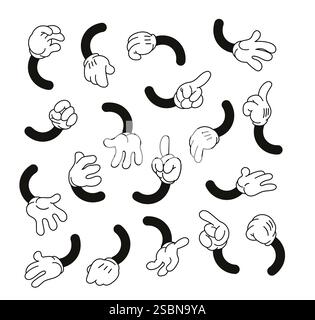 Jeu de mains de dessin animé vintage des années 1930 – Collection de membres de gants blancs du personnage de bande dessinée rétro, éléments de conception vectorielle. Générateur de caractères Illustration de Vecteur