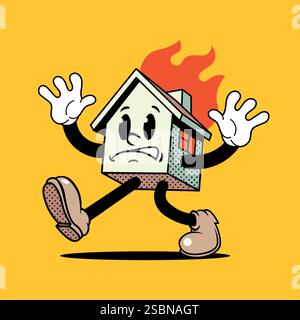 Mascotte de maison de dessin animé vintage incendiée Illustration de Vecteur