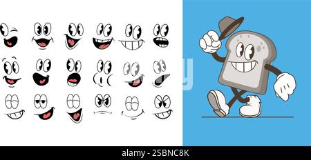 Ensemble de visage de mascotte de dessin animé vintage des années 1930 avec une expression différente, illustration vectorielle Illustration de Vecteur