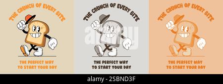 Ensemble de personnage de mascotte de dessin animé vintage, toast souriant, conception de logo rétro de produit, illustration vectorielle Illustration de Vecteur