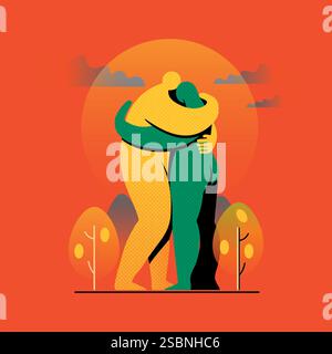 Illustration vectorielle abstraite de deux personnes s'embrassant, automne Illustration de Vecteur