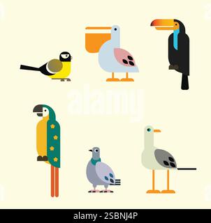ensemble d'oiseaux de dessin animé de style plat, illustration vectorielle Illustration de Vecteur