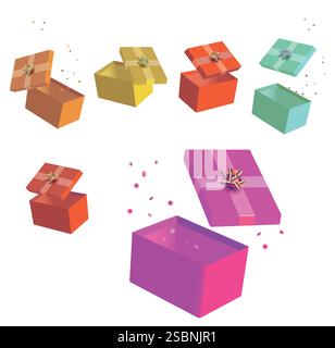 Ensemble de boîtes-cadeaux ouvertes avec des confettis en papier isolés sur fond blanc, illustration vectorielle Illustration de Vecteur