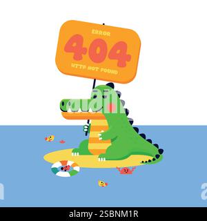 Conception vectorielle plate avec un dinosaure de dessin animé drôle tenant une bannière avec le texte : erreur 404 http erreur 404 non trouvé. Illustration de Vecteur