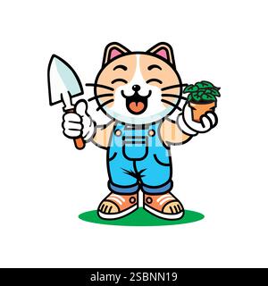 Kawaii Cartoon Chat dans une combinaison tenant une fleur en pot verte - illustration vectorielle mignonne Illustration de Vecteur