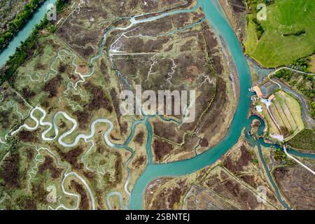 Espagne, pays basque espagnol, Vizcaya, région de Gernika-Lumo, réserve de biosphère d'Urdaibai, estuaire de la rivière Oka à marée basse au sud de Mundaka, vue aérienne Banque D'Images