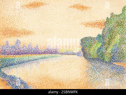 Albert Dubois-Pillet, les rives de la Marne à l'aube, peinture de paysage à l'aquarelle à la craie, vers 1888 Banque D'Images