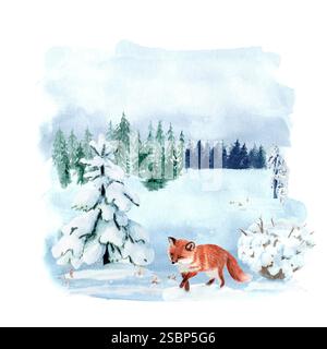 Fox dans une illustration d'aquarelle de paysage d'hiver. Clip art dessiné à la main de haute qualité parfait pour les cartes, les affiches, les livres, la décoration d'intérieur, comme un élément de design Banque D'Images